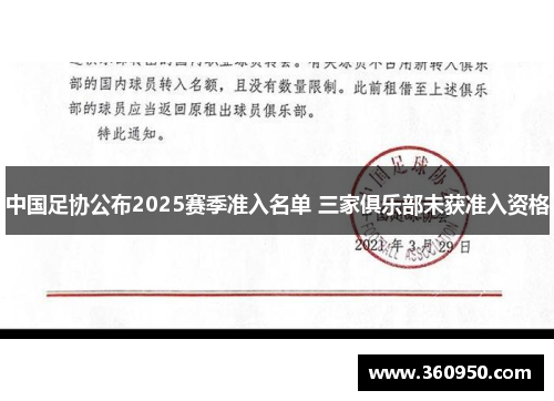 中国足协公布2025赛季准入名单 三家俱乐部未获准入资格